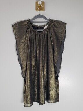 LOFT NWOT Metallic Gold Ruffle Sleeve Blouse XL Wedding Guest New Year's Eve